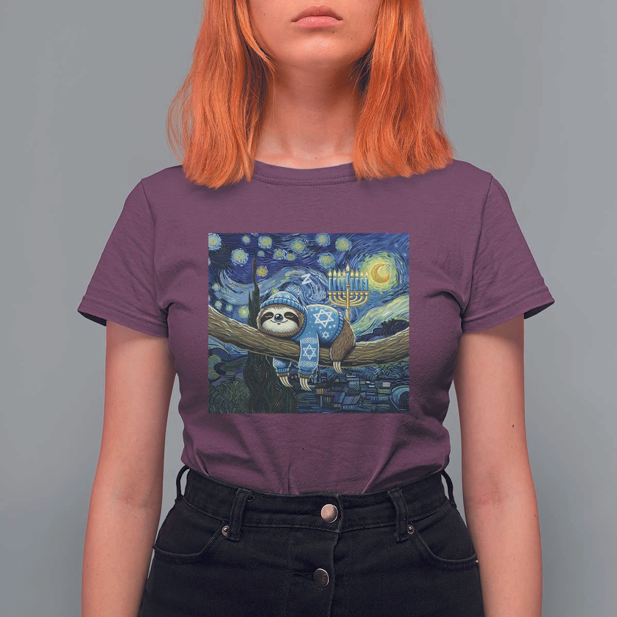 Funny Hanukkah Sloth T Shirt For Women Van Gogh Starry Night Jewish Gift - Wonder Print Shop