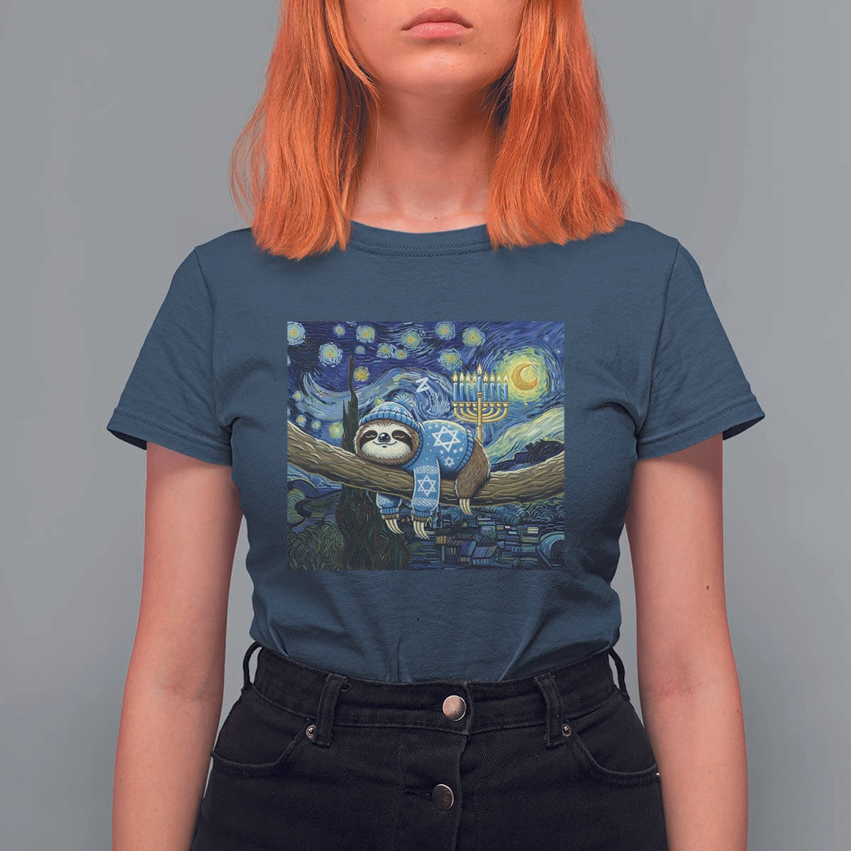 Funny Hanukkah Sloth T Shirt For Women Van Gogh Starry Night Jewish Gift - Wonder Print Shop