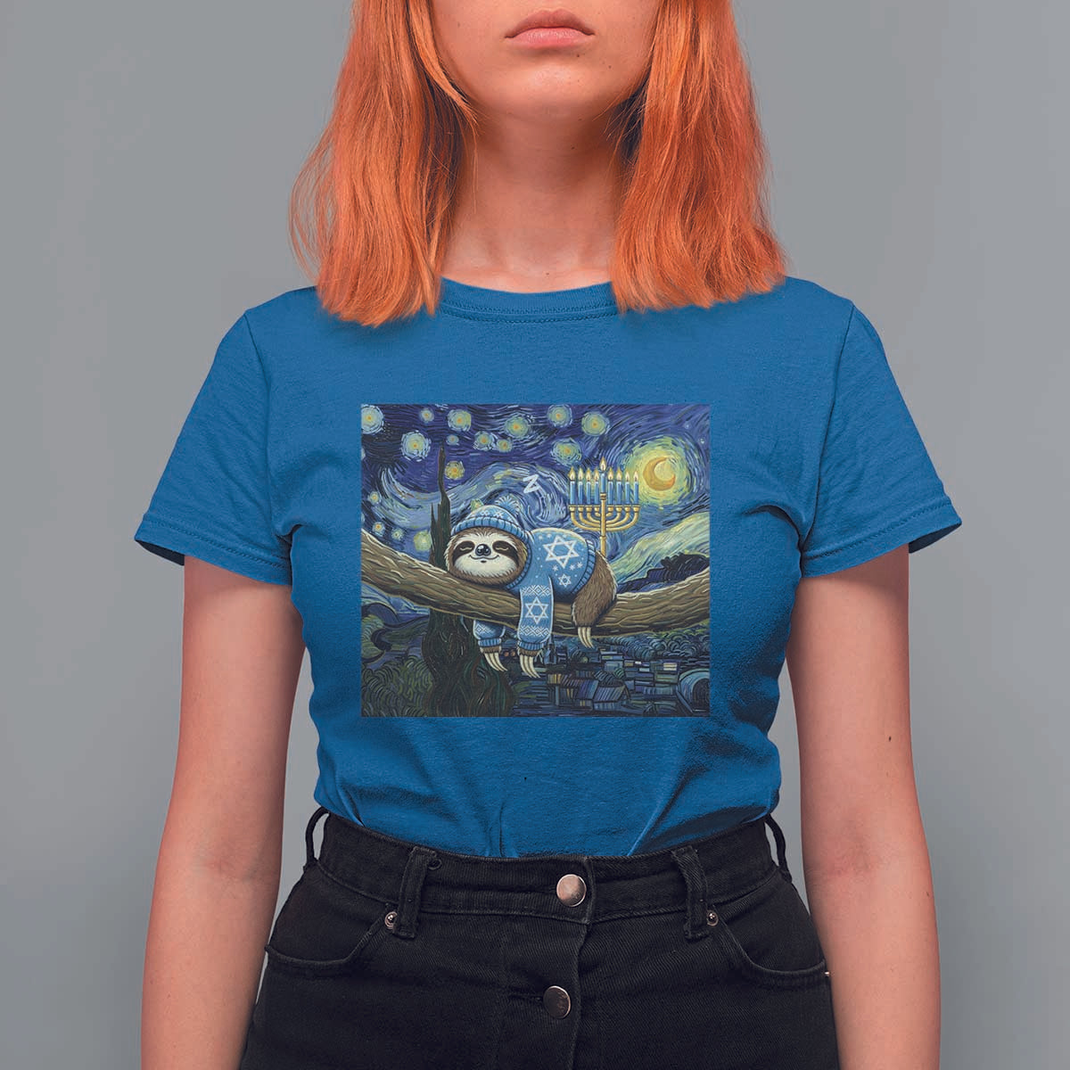 Funny Hanukkah Sloth T Shirt For Women Van Gogh Starry Night Jewish Gift - Wonder Print Shop