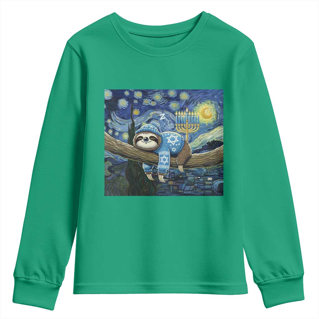 Funny Hanukkah Sloth Youth Sweatshirt Van Gogh Starry Night Jewish Gift - Wonder Print Shop