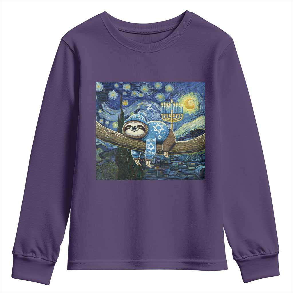 Funny Hanukkah Sloth Youth Sweatshirt Van Gogh Starry Night Jewish Gift - Wonder Print Shop