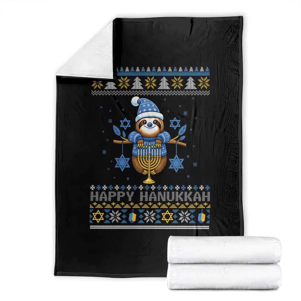 Happy Hanukkah Ugly Sweater Throw Blanket Funny Sloth Carrying Menorah Jewish Gift - Wonder Print Shop