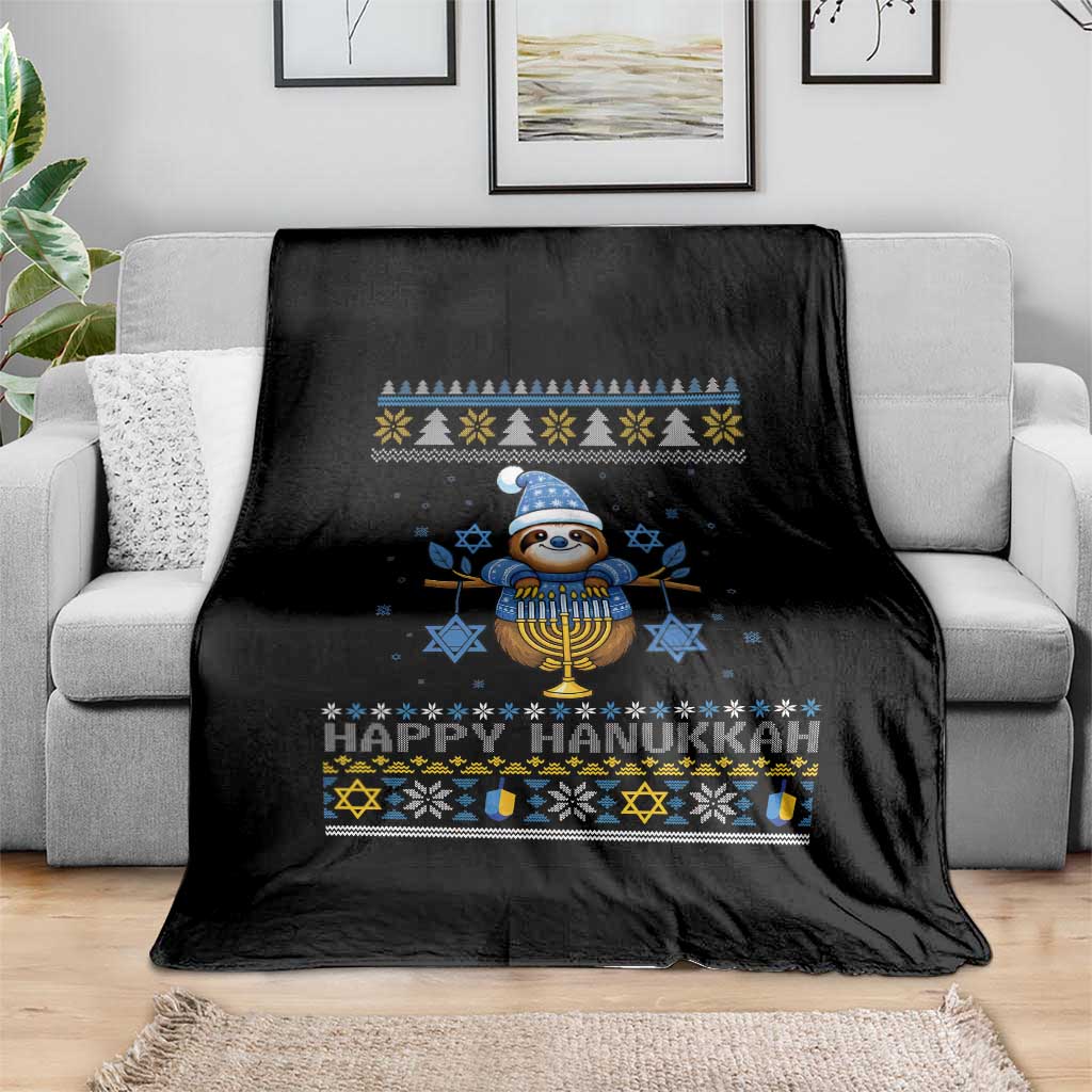 Happy Hanukkah Ugly Sweater Throw Blanket Funny Sloth Carrying Menorah Jewish Gift - Wonder Print Shop