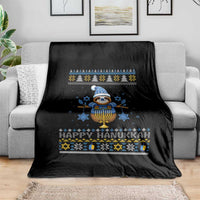 Happy Hanukkah Ugly Sweater Throw Blanket Funny Sloth Carrying Menorah Jewish Gift - Wonder Print Shop