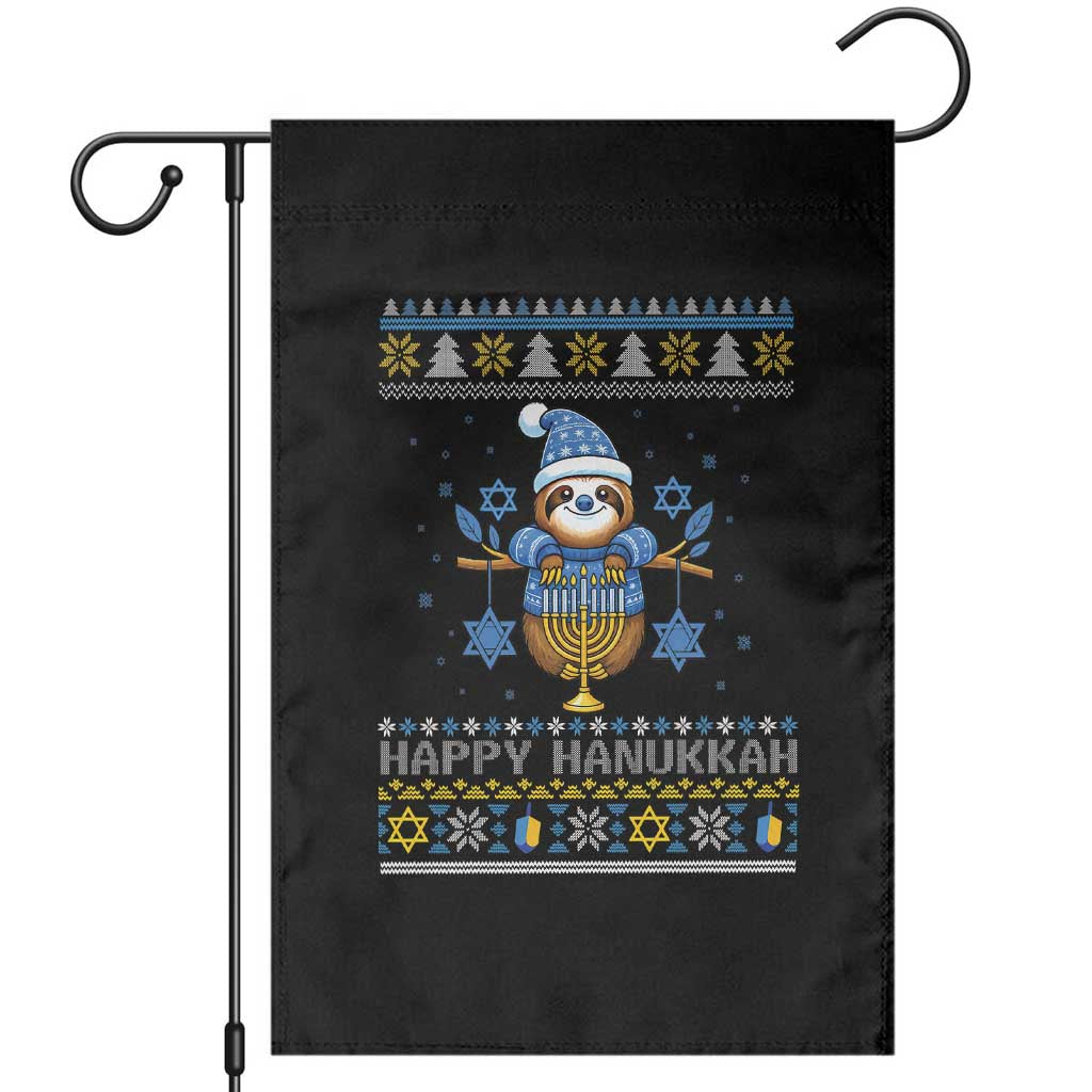 Happy Hanukkah Ugly Sweater Garden Flag Funny Sloth Carrying Menorah Jewish Gift - Wonder Print Shop