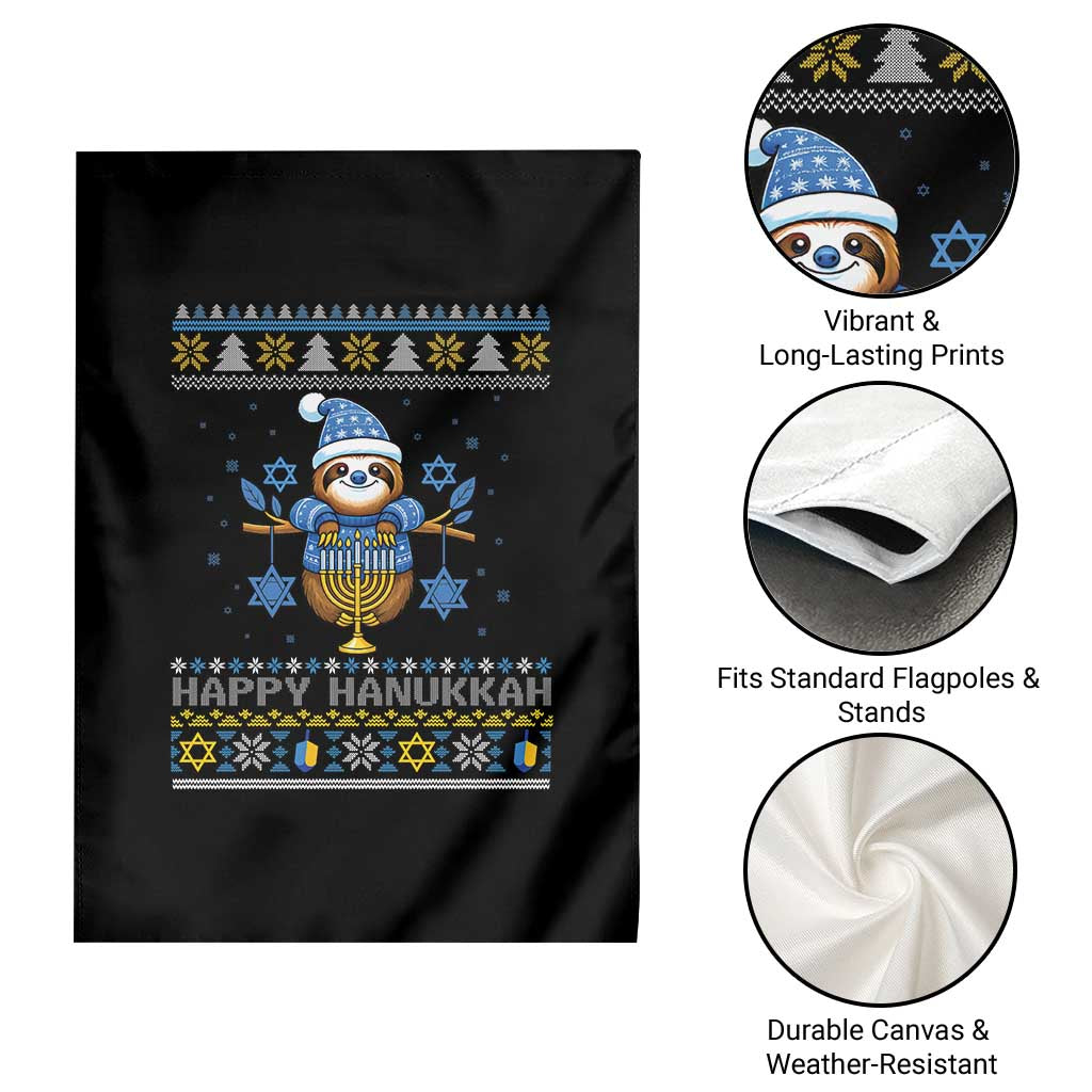 Happy Hanukkah Ugly Sweater Garden Flag Funny Sloth Carrying Menorah Jewish Gift - Wonder Print Shop