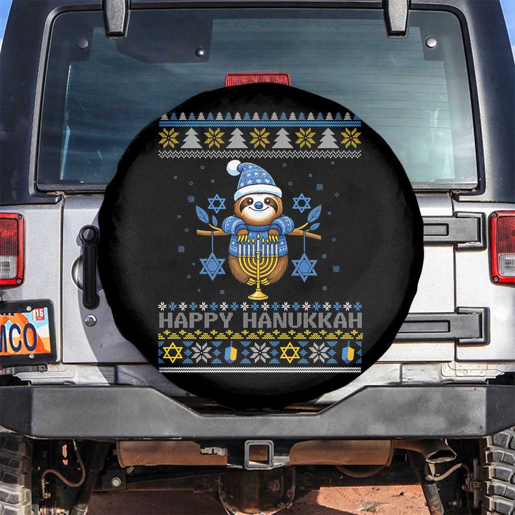 Happy Hanukkah Ugly Sweater Spare Tire Cover Funny Sloth Carrying Menorah Jewish Gift - Wonder Print Shop