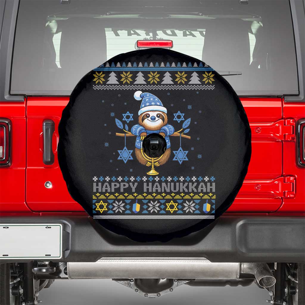 Happy Hanukkah Ugly Sweater Spare Tire Cover Funny Sloth Carrying Menorah Jewish Gift - Wonder Print Shop