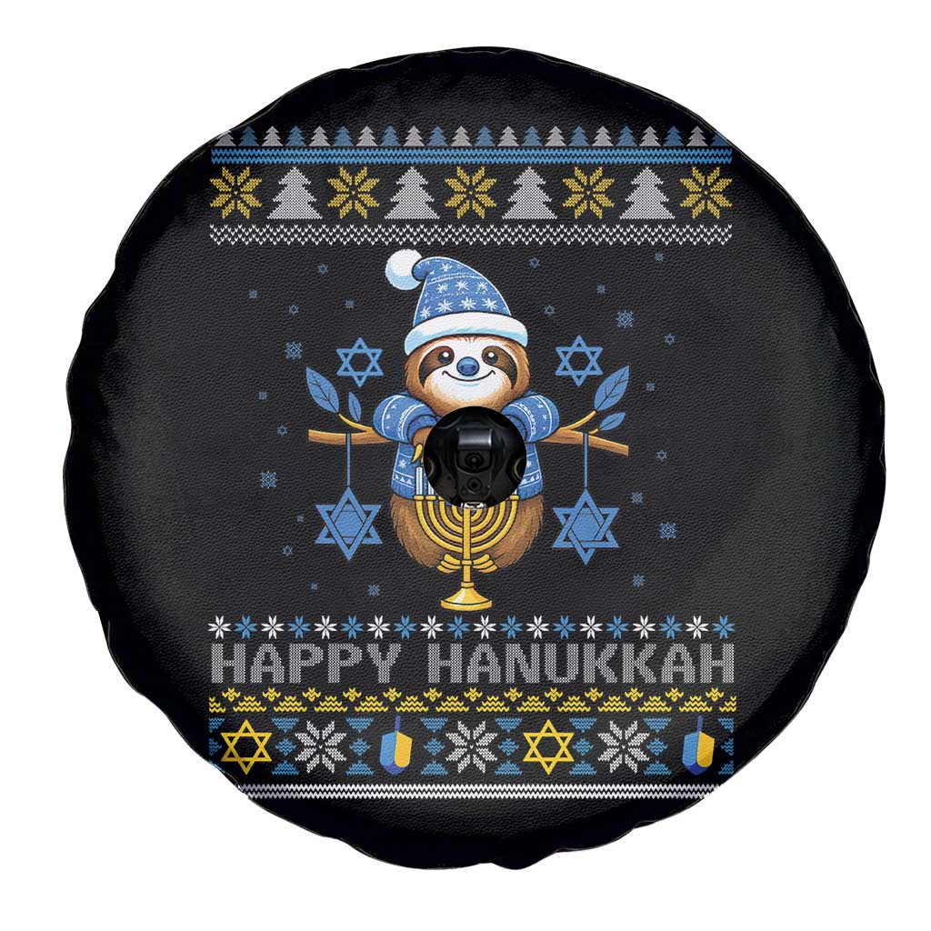 Happy Hanukkah Ugly Sweater Spare Tire Cover Funny Sloth Carrying Menorah Jewish Gift - Wonder Print Shop