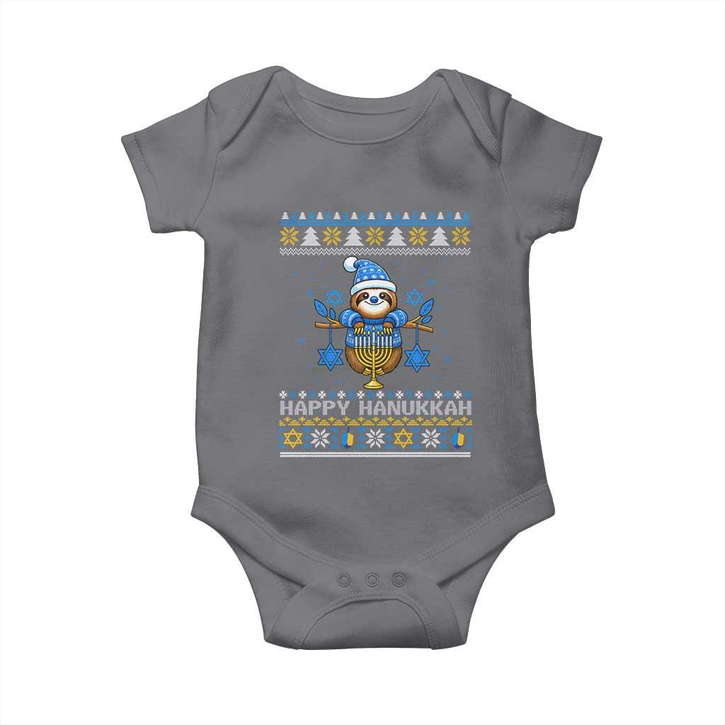 Happy Hanukkah Ugly Sweater Baby Onesie Funny Sloth Carrying Menorah Jewish Gift - Wonder Print Shop