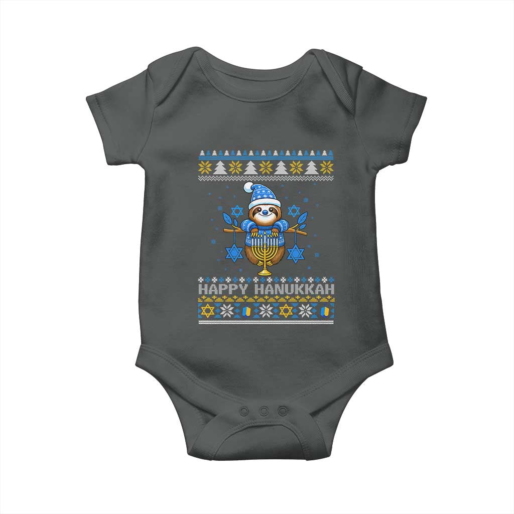 Happy Hanukkah Ugly Sweater Baby Onesie Funny Sloth Carrying Menorah Jewish Gift - Wonder Print Shop