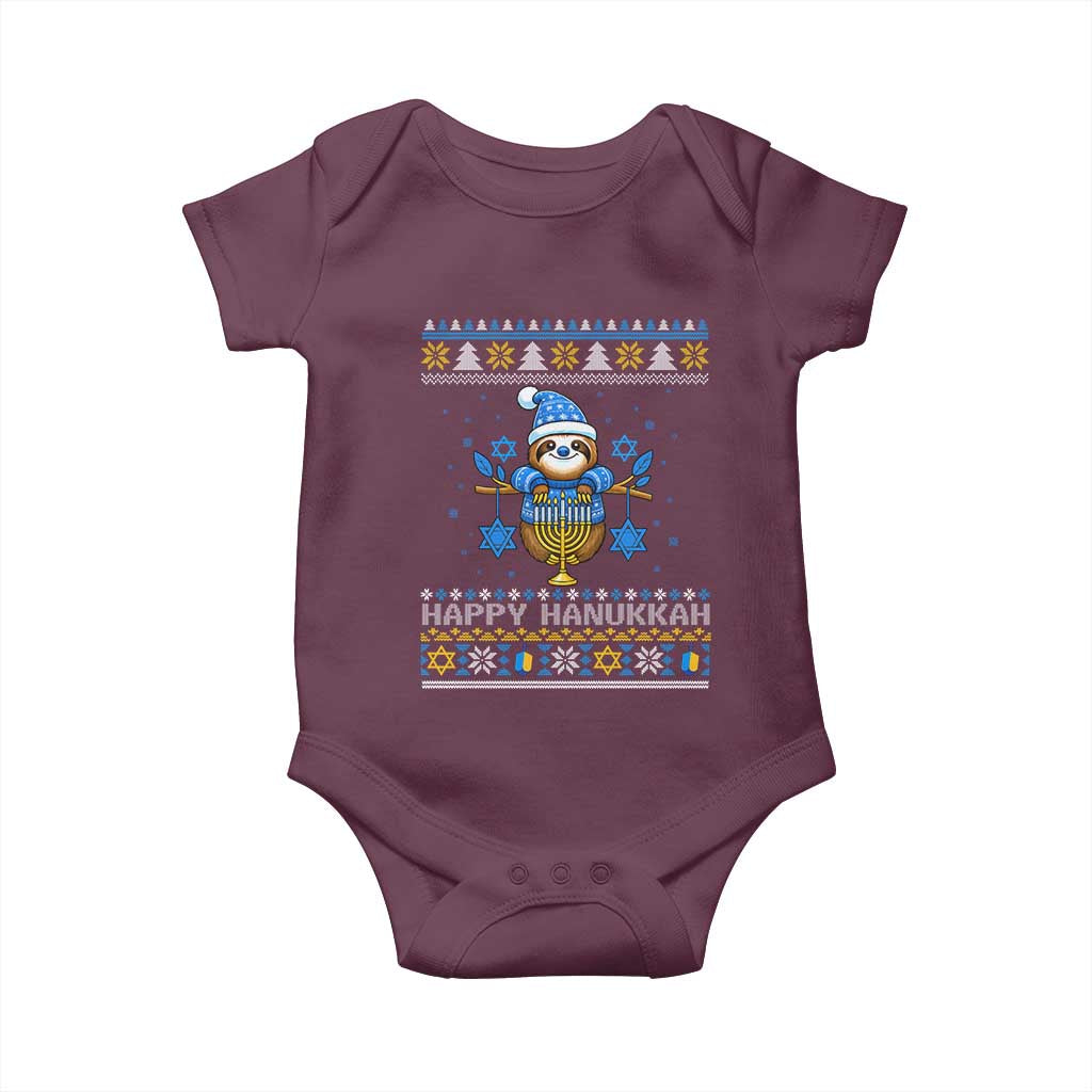 Happy Hanukkah Ugly Sweater Baby Onesie Funny Sloth Carrying Menorah Jewish Gift - Wonder Print Shop