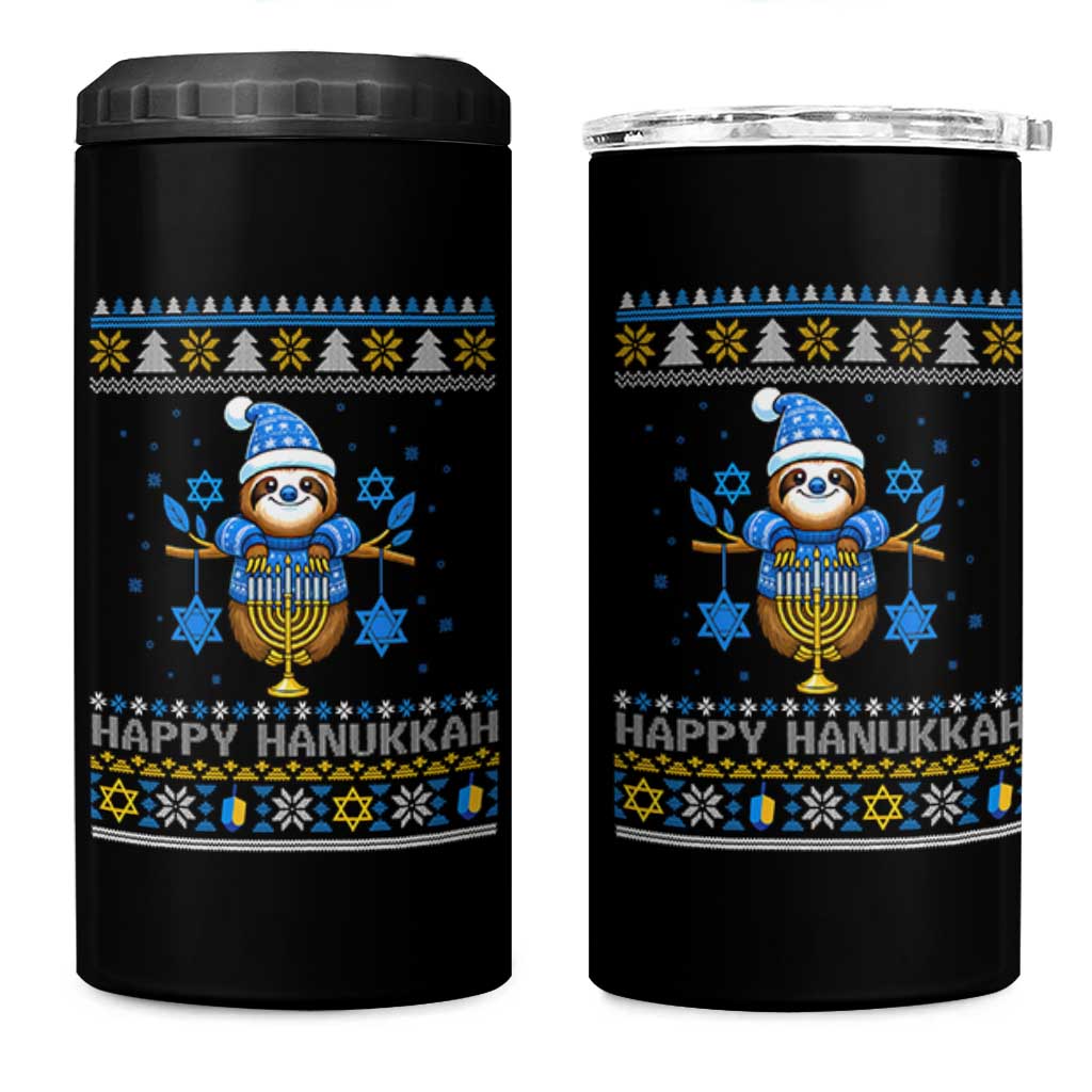 Happy Hanukkah Ugly Sweater 4 in 1 Can Cooler Tumbler Funny Sloth Carrying Menorah Jewish Gift - Wonder Print Shop