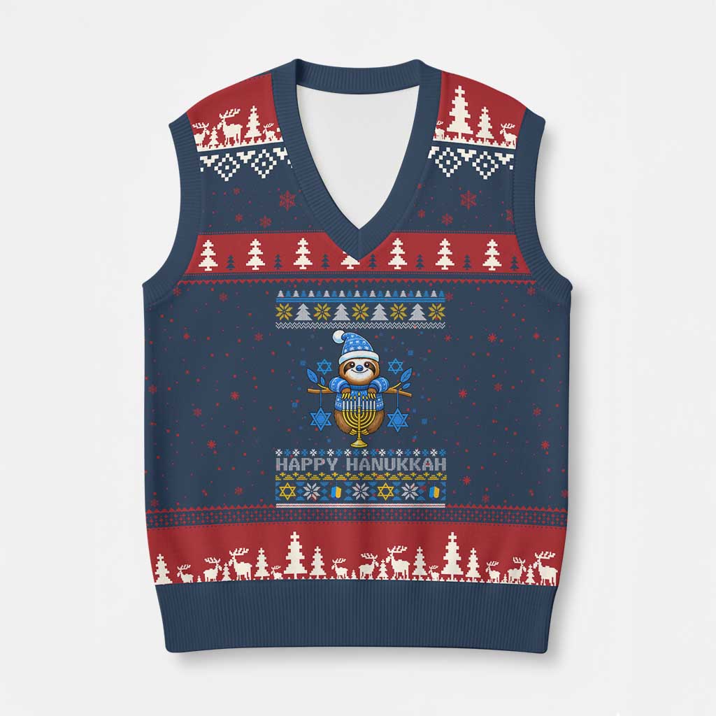 Happy Hanukkah Ugly Sweater V-Neck Knit Sweater Vest Funny Sloth Carrying Menorah Jewish Gift - Wonder Print Shop