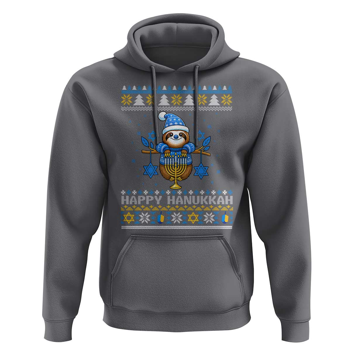 Happy Hanukkah Ugly Sweater Hoodie Funny Sloth Carrying Menorah Jewish Gift - Wonder Print Shop
