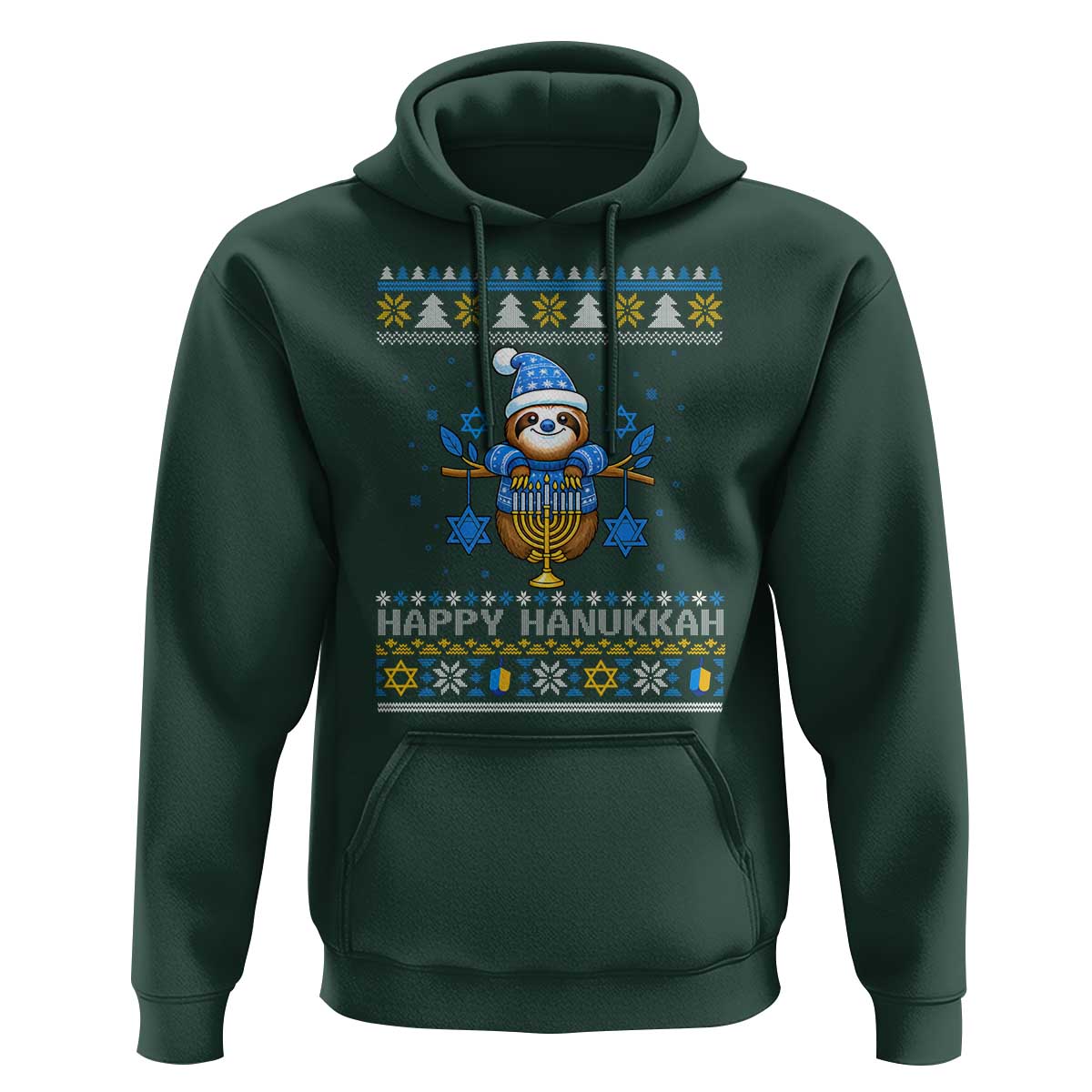 Happy Hanukkah Ugly Sweater Hoodie Funny Sloth Carrying Menorah Jewish Gift - Wonder Print Shop