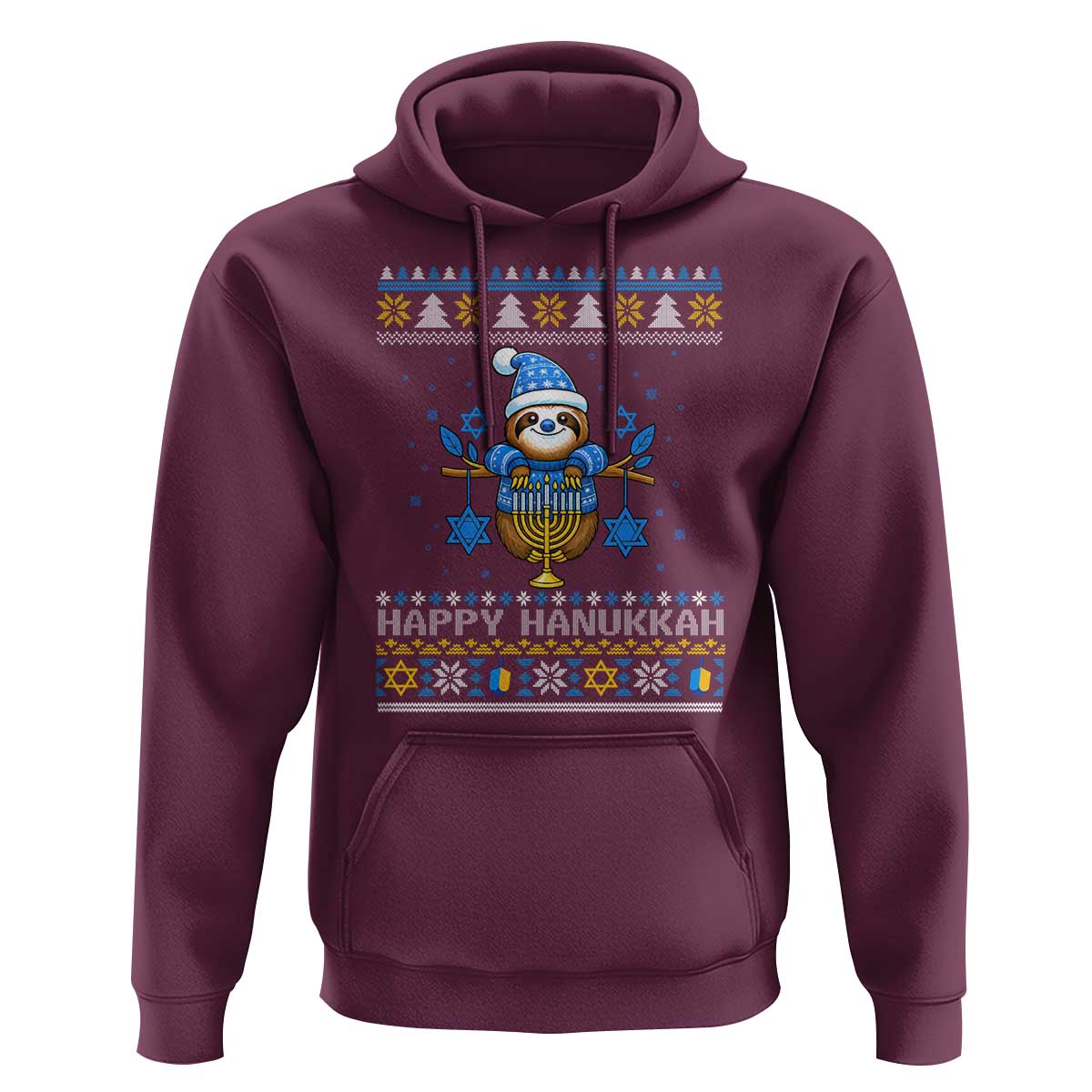 Happy Hanukkah Ugly Sweater Hoodie Funny Sloth Carrying Menorah Jewish Gift - Wonder Print Shop