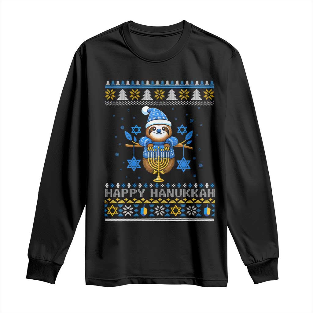 Happy Hanukkah Ugly Sweater Long Sleeve Shirt Funny Sloth Carrying Menorah Jewish Gift - Wonder Print Shop