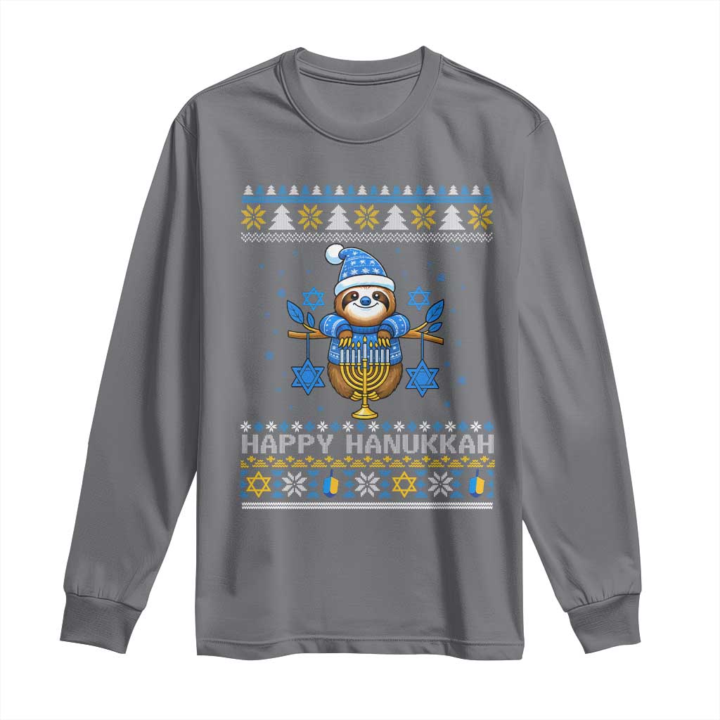 Happy Hanukkah Ugly Sweater Long Sleeve Shirt Funny Sloth Carrying Menorah Jewish Gift - Wonder Print Shop