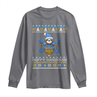 Happy Hanukkah Ugly Sweater Long Sleeve Shirt Funny Sloth Carrying Menorah Jewish Gift - Wonder Print Shop