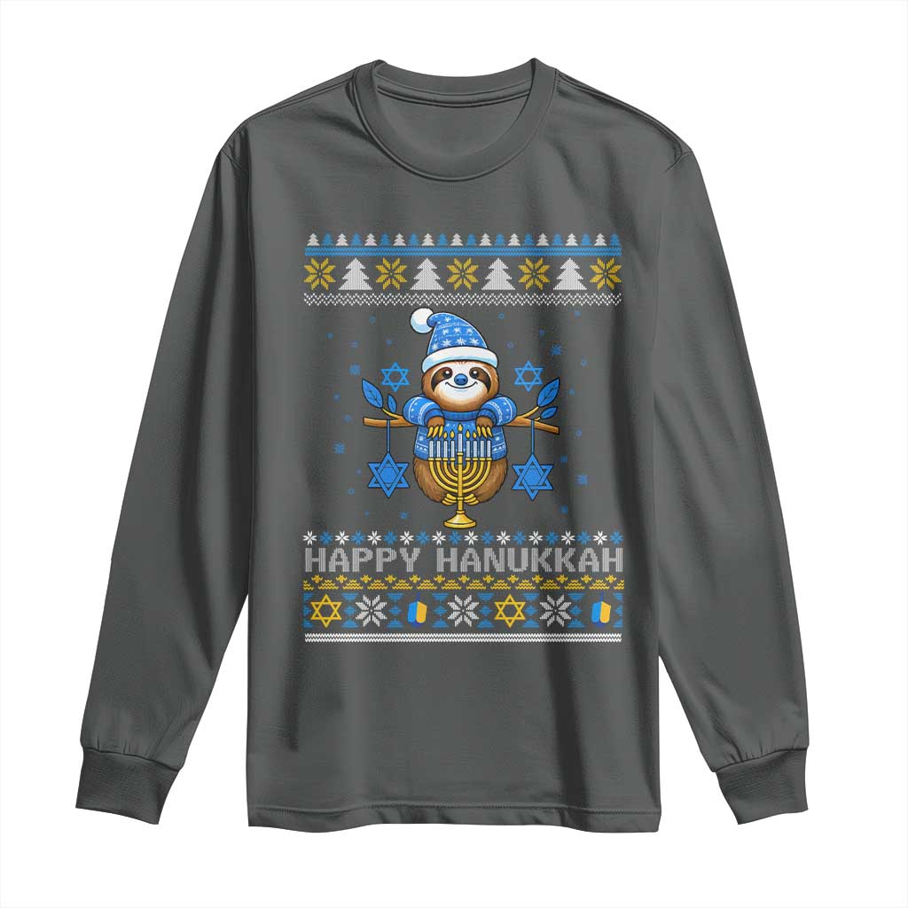 Happy Hanukkah Ugly Sweater Long Sleeve Shirt Funny Sloth Carrying Menorah Jewish Gift - Wonder Print Shop