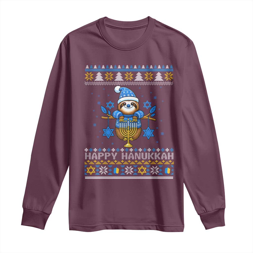 Happy Hanukkah Ugly Sweater Long Sleeve Shirt Funny Sloth Carrying Menorah Jewish Gift - Wonder Print Shop
