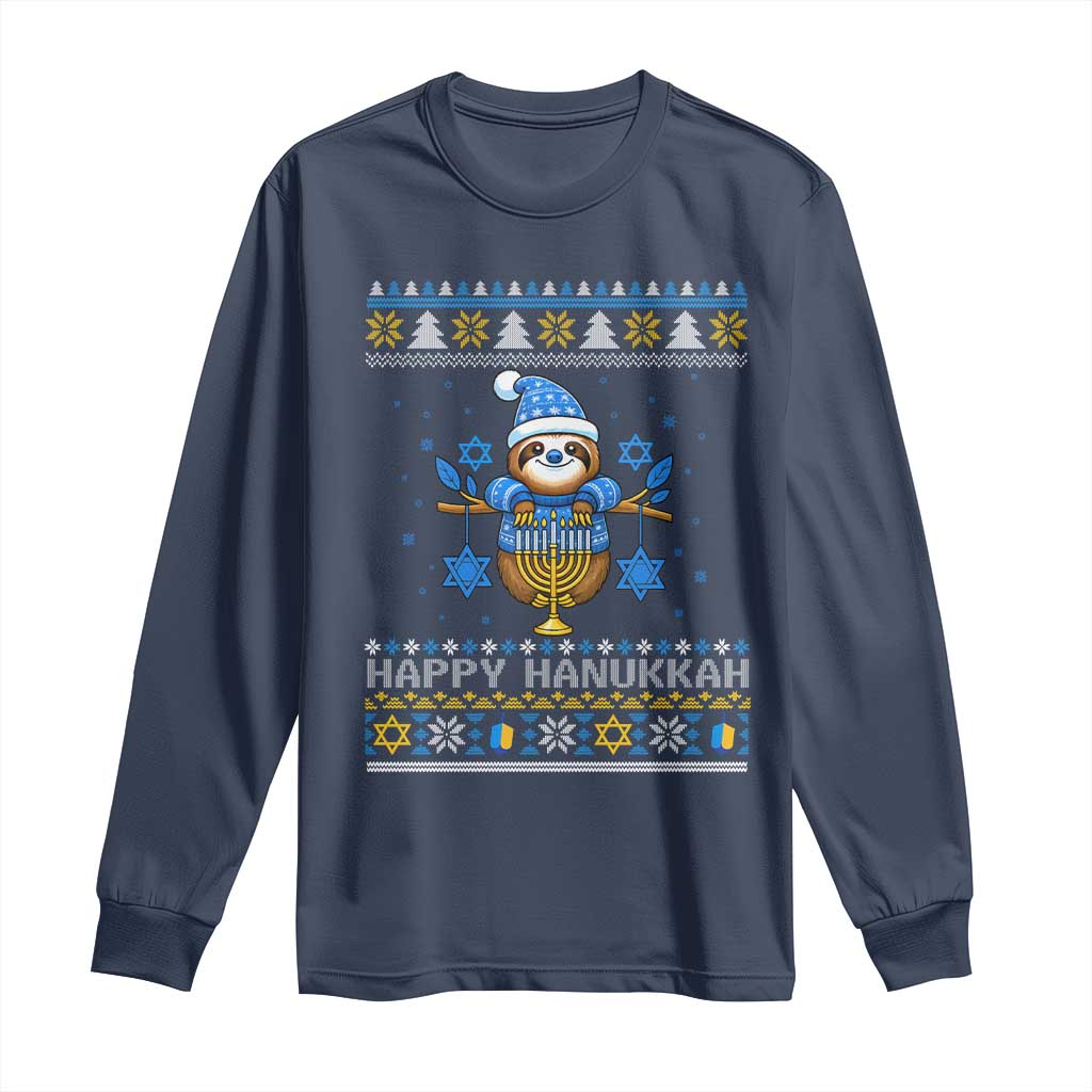 Happy Hanukkah Ugly Sweater Long Sleeve Shirt Funny Sloth Carrying Menorah Jewish Gift - Wonder Print Shop