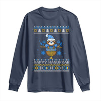 Happy Hanukkah Ugly Sweater Long Sleeve Shirt Funny Sloth Carrying Menorah Jewish Gift - Wonder Print Shop