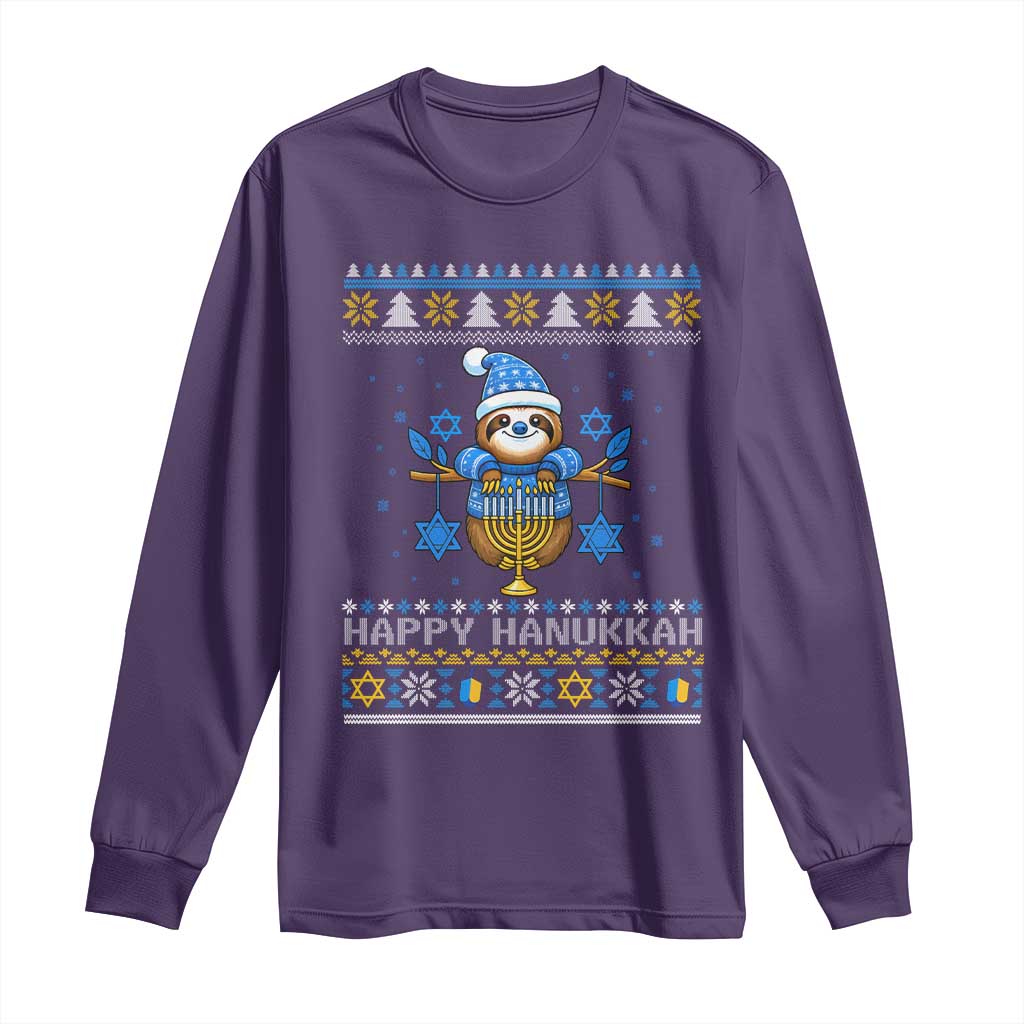 Happy Hanukkah Ugly Sweater Long Sleeve Shirt Funny Sloth Carrying Menorah Jewish Gift - Wonder Print Shop