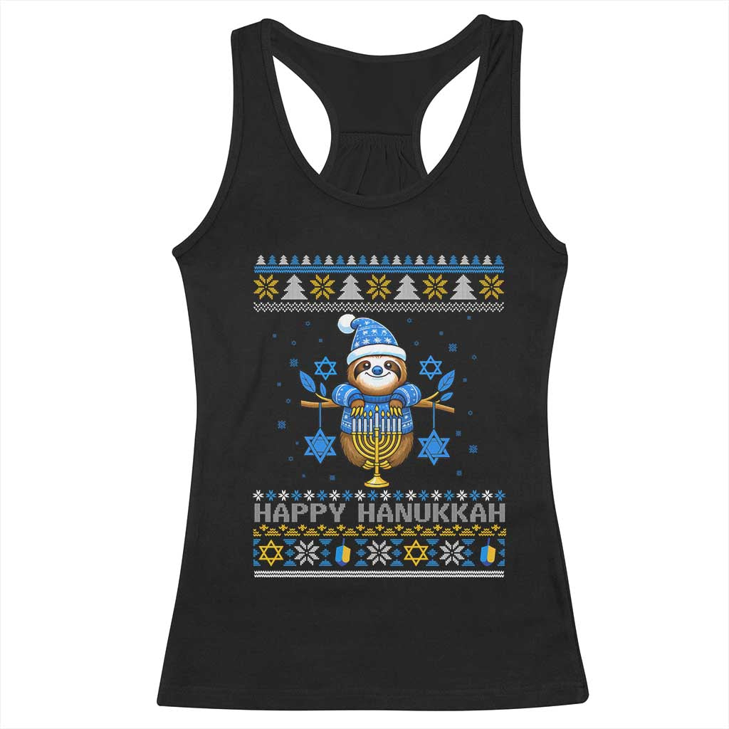 Happy Hanukkah Ugly Sweater Racerback Tank Top Funny Sloth Carrying Menorah Jewish Gift - Wonder Print Shop