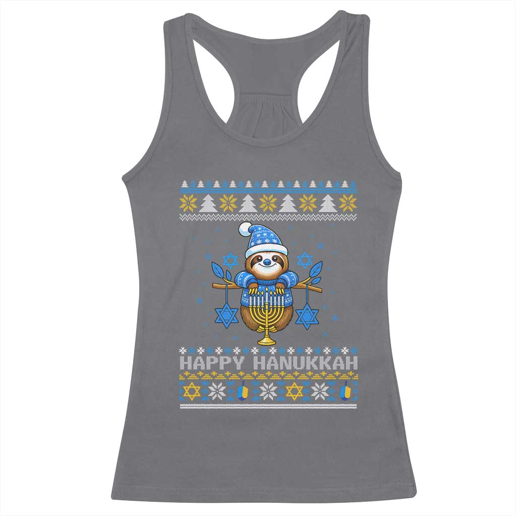 Happy Hanukkah Ugly Sweater Racerback Tank Top Funny Sloth Carrying Menorah Jewish Gift - Wonder Print Shop