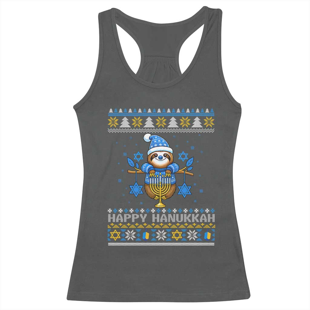 Happy Hanukkah Ugly Sweater Racerback Tank Top Funny Sloth Carrying Menorah Jewish Gift - Wonder Print Shop