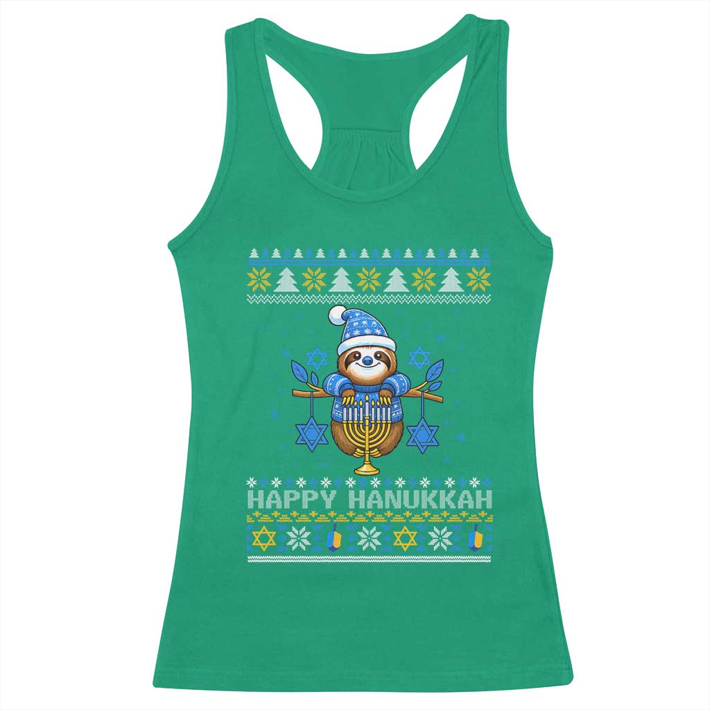 Happy Hanukkah Ugly Sweater Racerback Tank Top Funny Sloth Carrying Menorah Jewish Gift - Wonder Print Shop