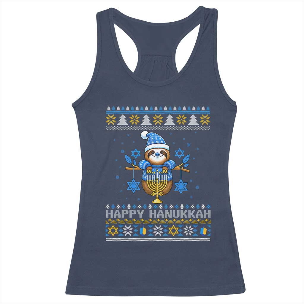 Happy Hanukkah Ugly Sweater Racerback Tank Top Funny Sloth Carrying Menorah Jewish Gift - Wonder Print Shop