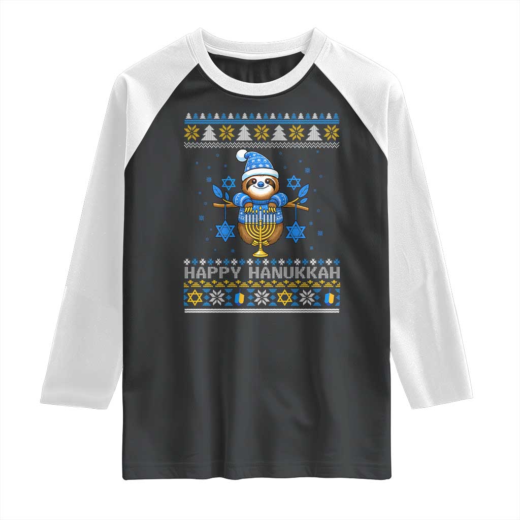 Happy Hanukkah Ugly Sweater Raglan Shirt Funny Sloth Carrying Menorah Jewish Gift - Wonder Print Shop