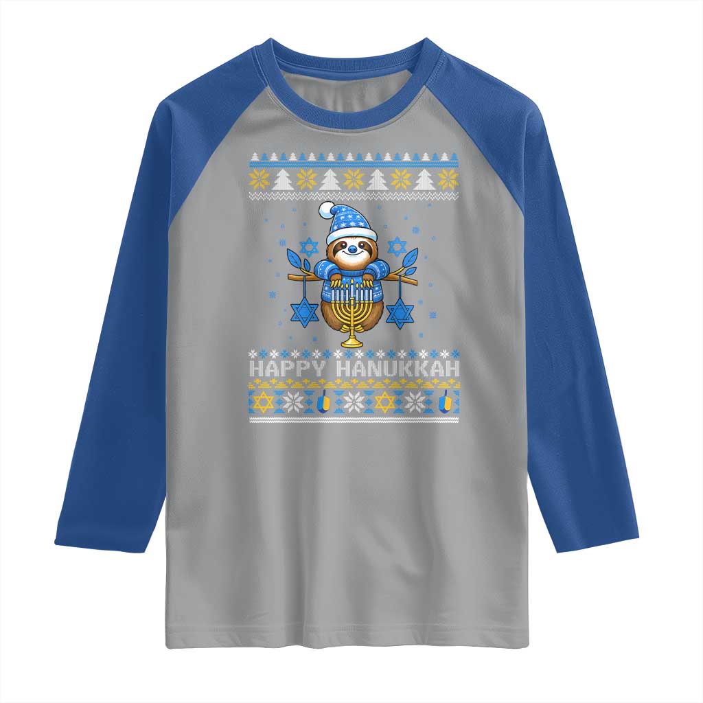 Happy Hanukkah Ugly Sweater Raglan Shirt Funny Sloth Carrying Menorah Jewish Gift - Wonder Print Shop