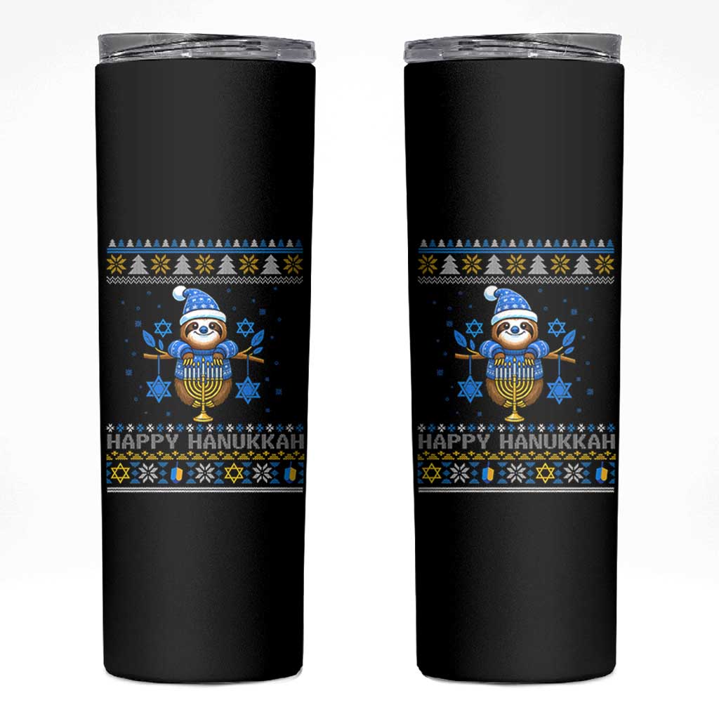 Happy Hanukkah Ugly Sweater Skinny Tumbler Funny Sloth Carrying Menorah Jewish Gift - Wonder Print Shop