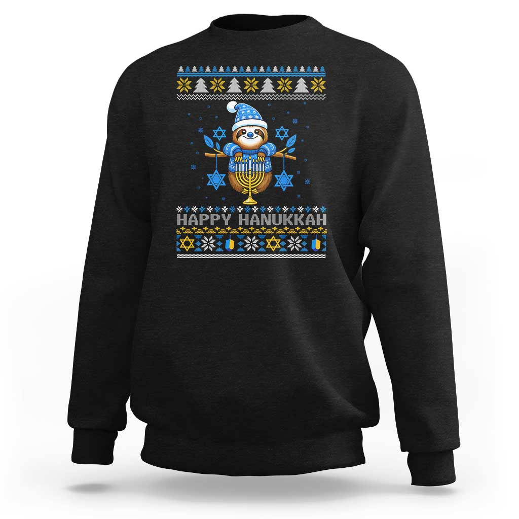 Happy Hanukkah Ugly Sweater Sweatshirt Funny Sloth Carrying Menorah Jewish Gift - Wonder Print Shop