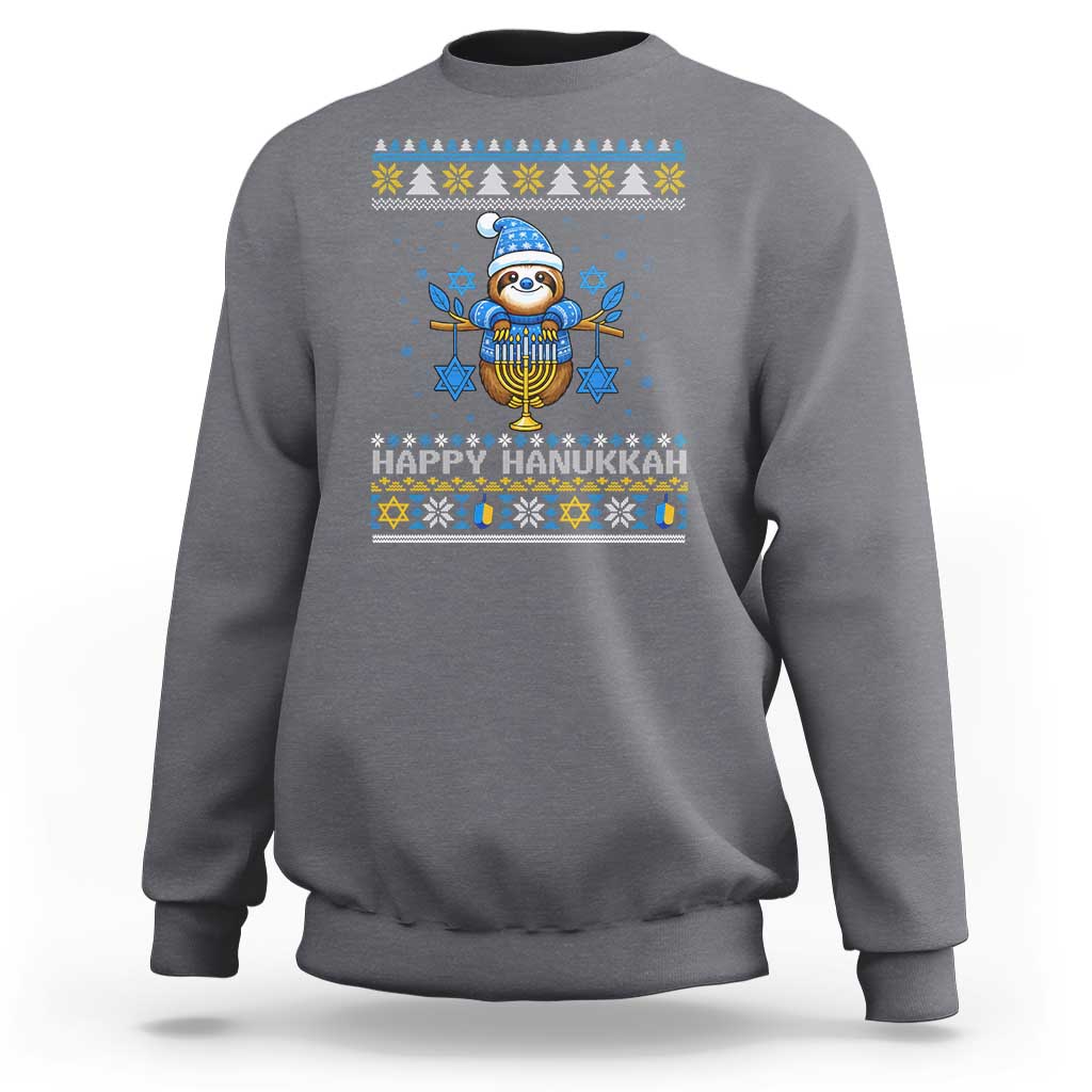 Happy Hanukkah Ugly Sweater Sweatshirt Funny Sloth Carrying Menorah Jewish Gift - Wonder Print Shop