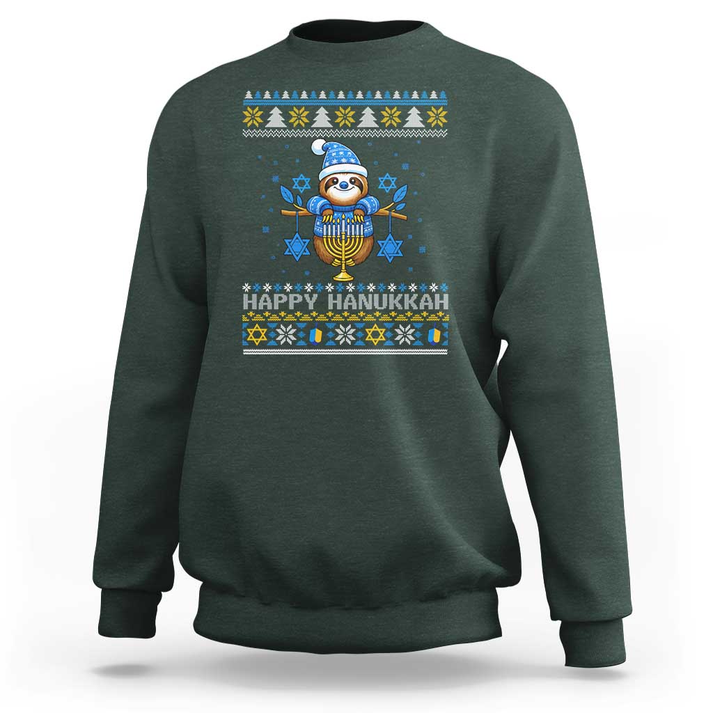 Happy Hanukkah Ugly Sweater Sweatshirt Funny Sloth Carrying Menorah Jewish Gift - Wonder Print Shop