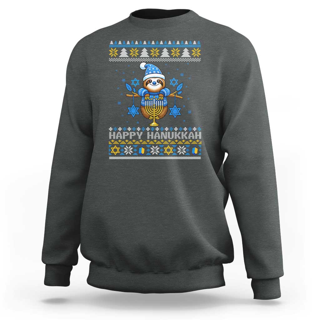 Happy Hanukkah Ugly Sweater Sweatshirt Funny Sloth Carrying Menorah Jewish Gift - Wonder Print Shop