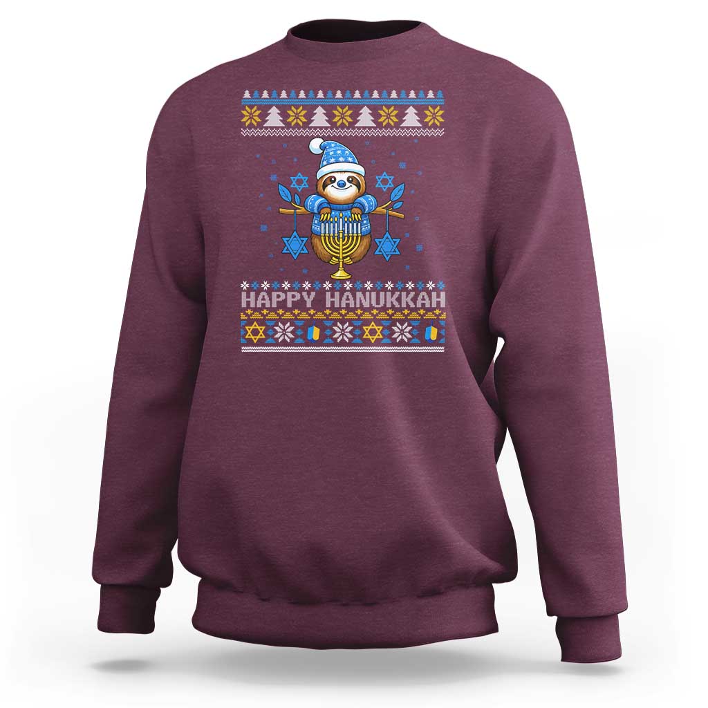 Happy Hanukkah Ugly Sweater Sweatshirt Funny Sloth Carrying Menorah Jewish Gift - Wonder Print Shop