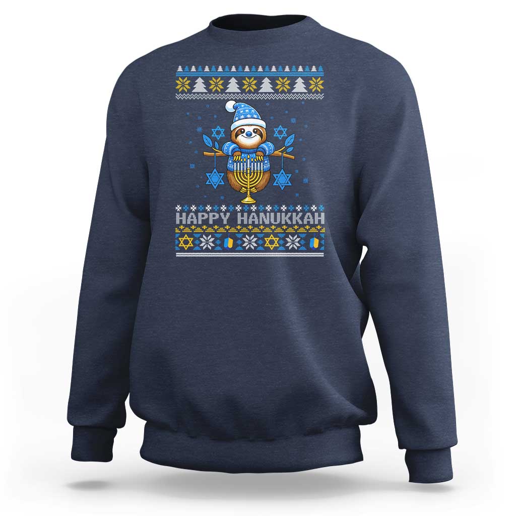 Happy Hanukkah Ugly Sweater Sweatshirt Funny Sloth Carrying Menorah Jewish Gift - Wonder Print Shop
