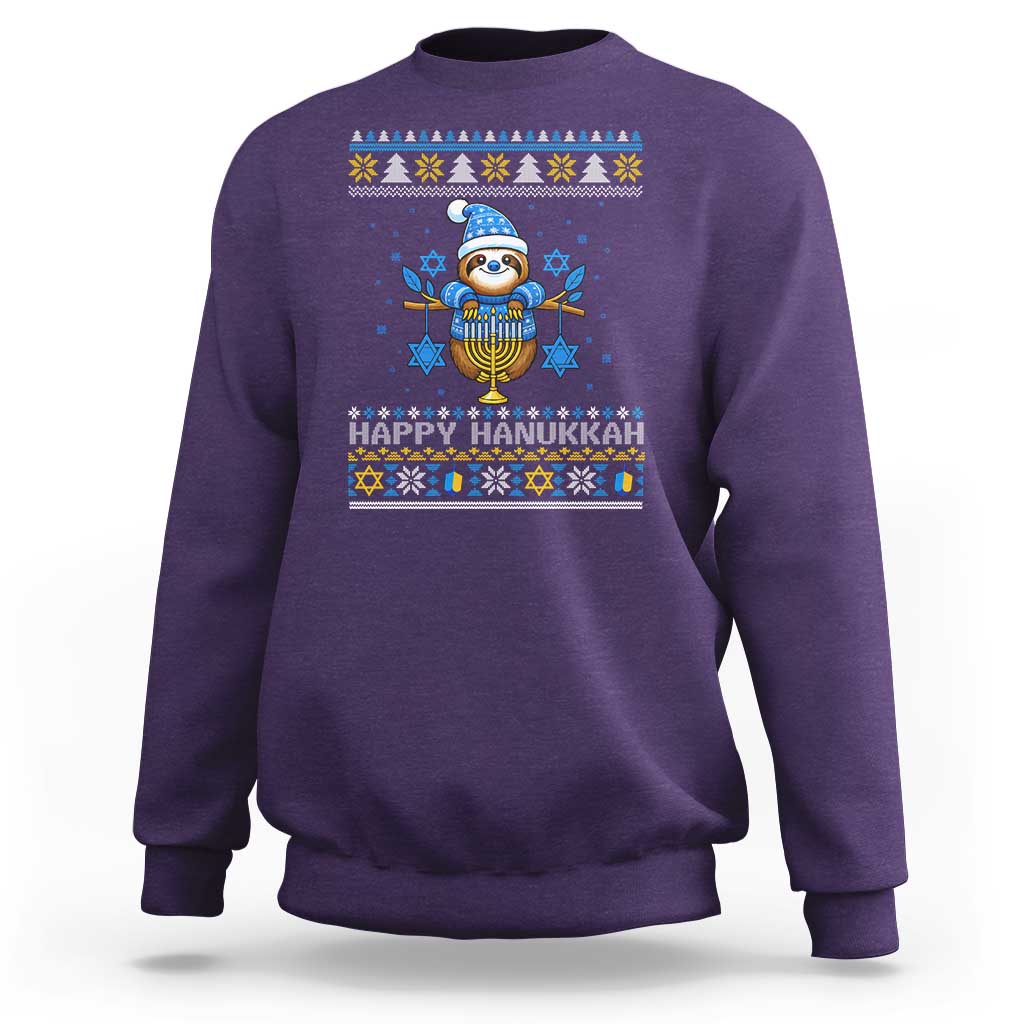 Happy Hanukkah Ugly Sweater Sweatshirt Funny Sloth Carrying Menorah Jewish Gift - Wonder Print Shop