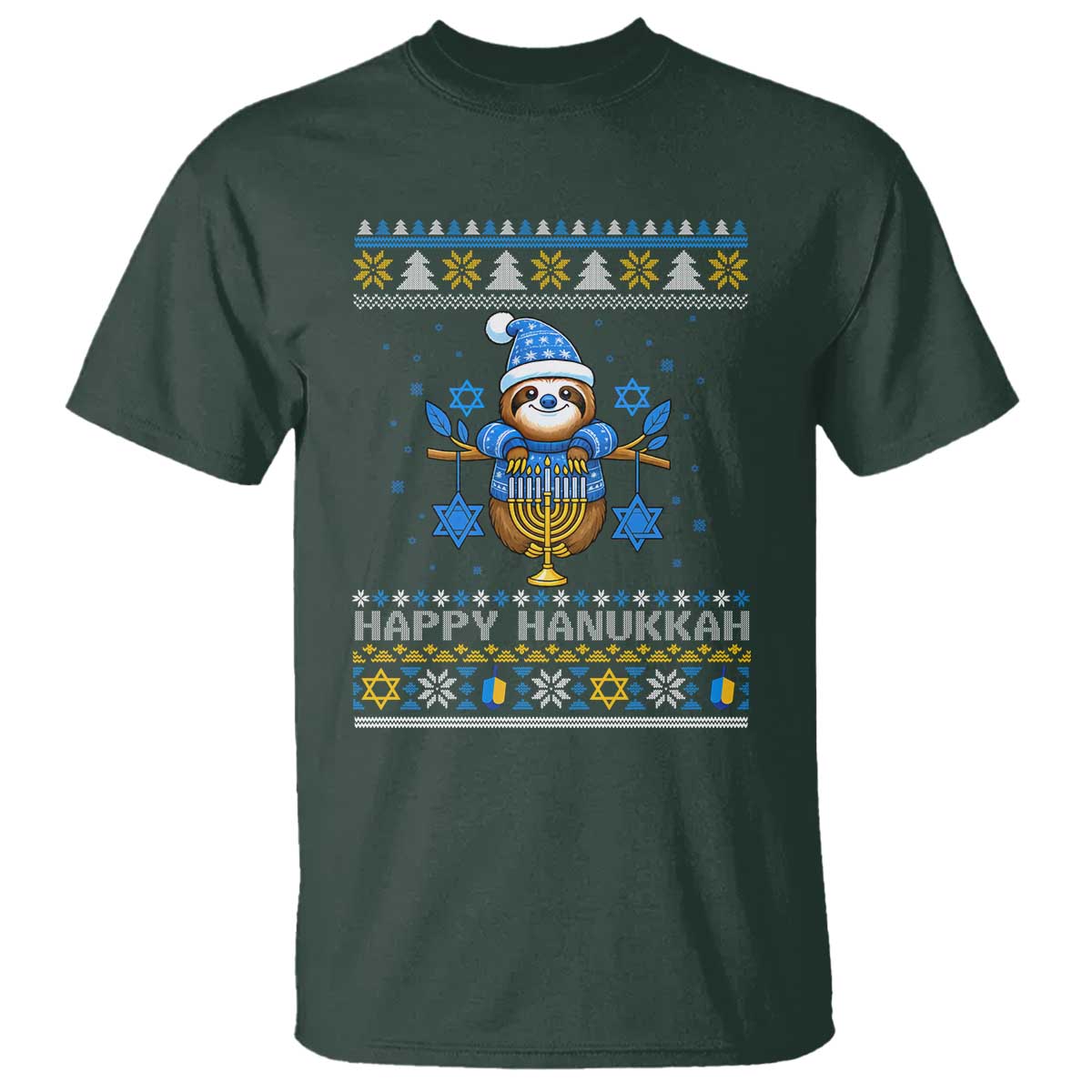 Happy Hanukkah Ugly Sweater T Shirt Funny Sloth Carrying Menorah Jewish Gift - Wonder Print Shop