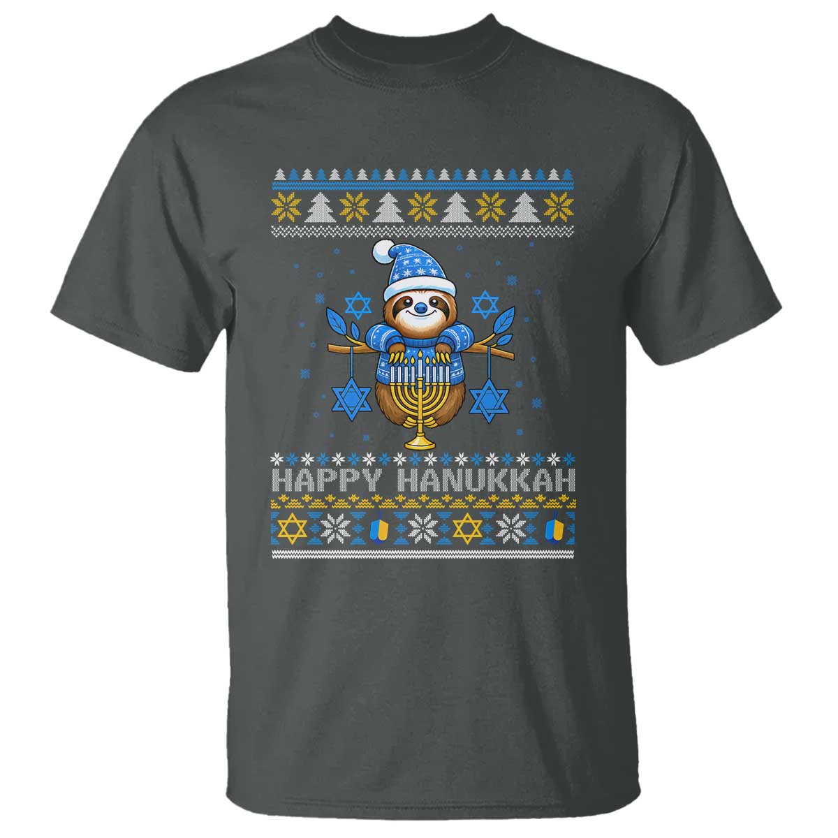 Happy Hanukkah Ugly Sweater T Shirt Funny Sloth Carrying Menorah Jewish Gift - Wonder Print Shop