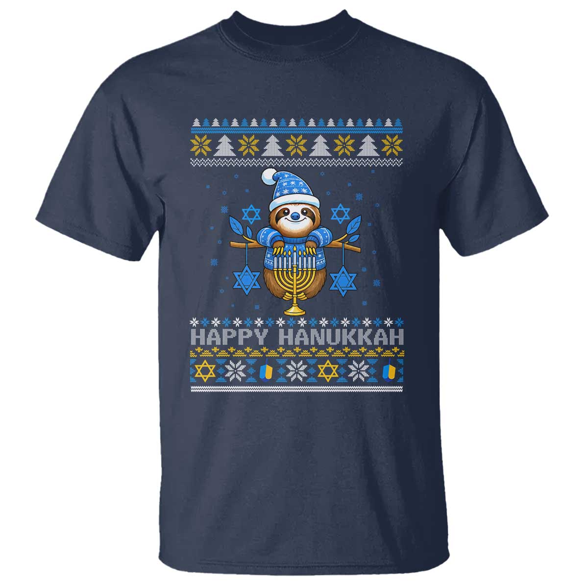 Happy Hanukkah Ugly Sweater T Shirt Funny Sloth Carrying Menorah Jewish Gift - Wonder Print Shop