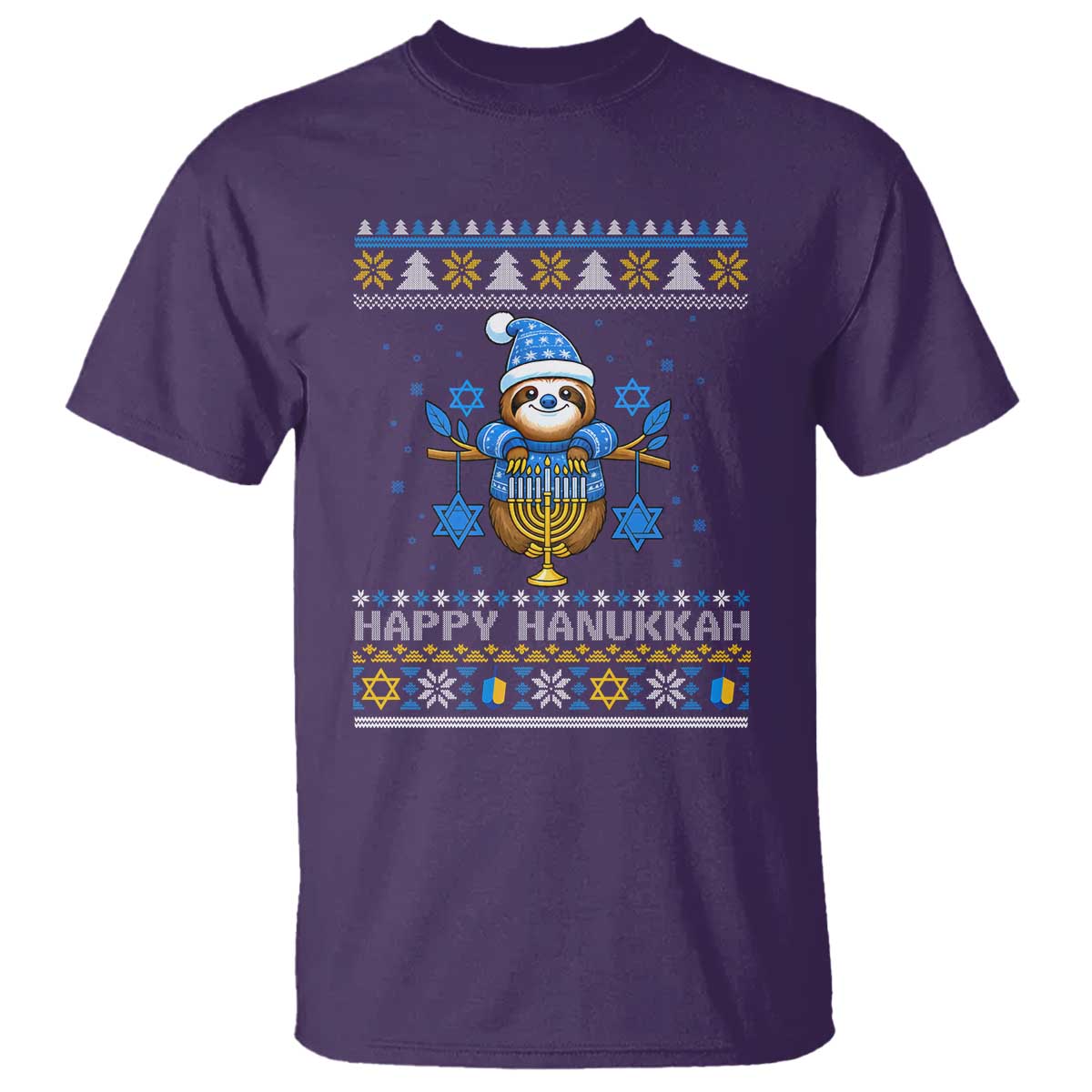 Happy Hanukkah Ugly Sweater T Shirt Funny Sloth Carrying Menorah Jewish Gift - Wonder Print Shop