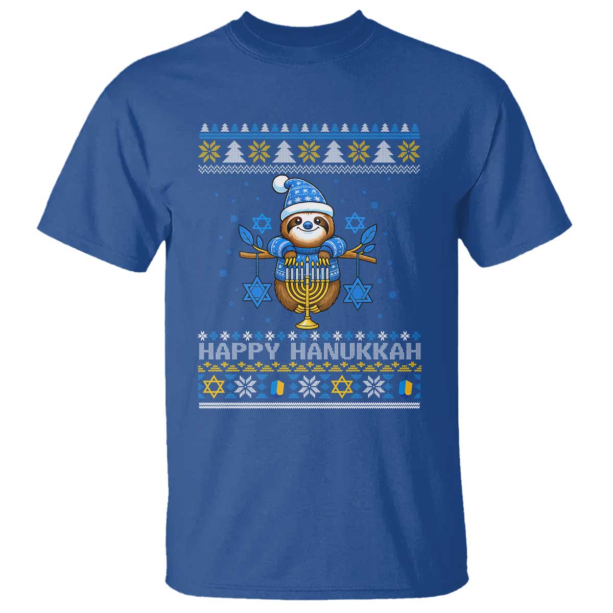 Happy Hanukkah Ugly Sweater T Shirt Funny Sloth Carrying Menorah Jewish Gift - Wonder Print Shop