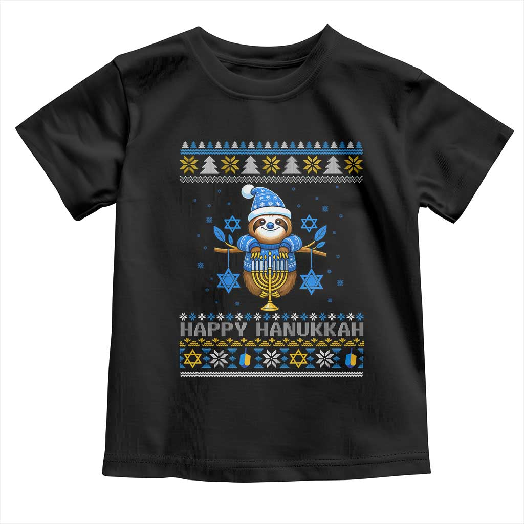 Happy Hanukkah Ugly Sweater Toddler T Shirt Funny Sloth Carrying Menorah Jewish Gift - Wonder Print Shop